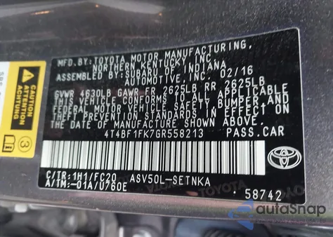 2016 Toyota Camry Le z USA, uszkodzony, nr VIN 4T4BF1FK7GR558213